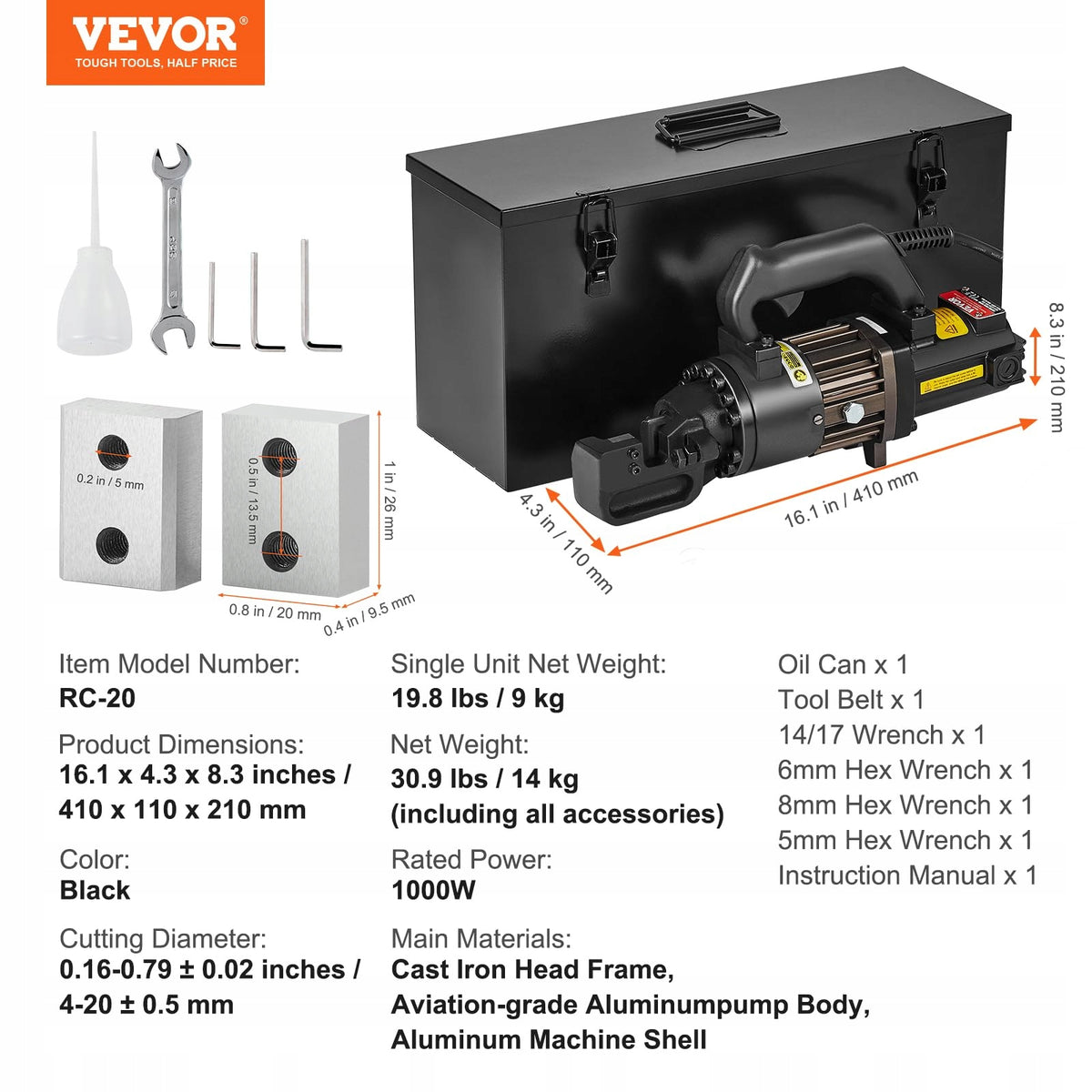 VEVOR ELECTRIC-HYDRAULIC REBAR CUTTER 1000W 4-20MM ROBUST