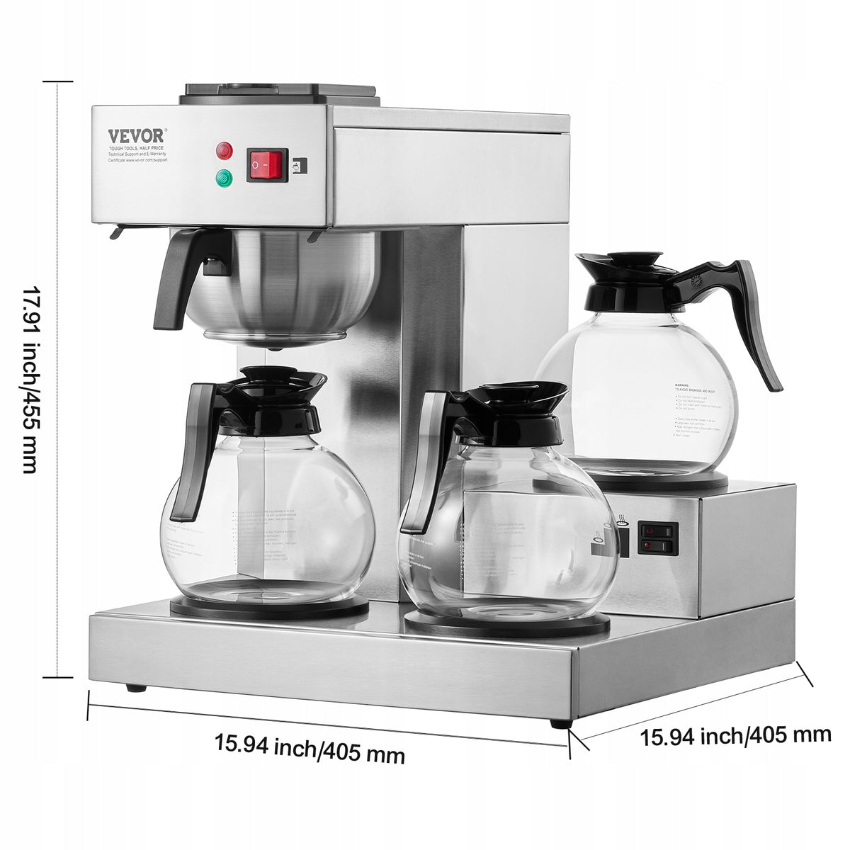 VEVOR 12-Cup Commercial Drip Coffee Maker with 3 Glass Carafes