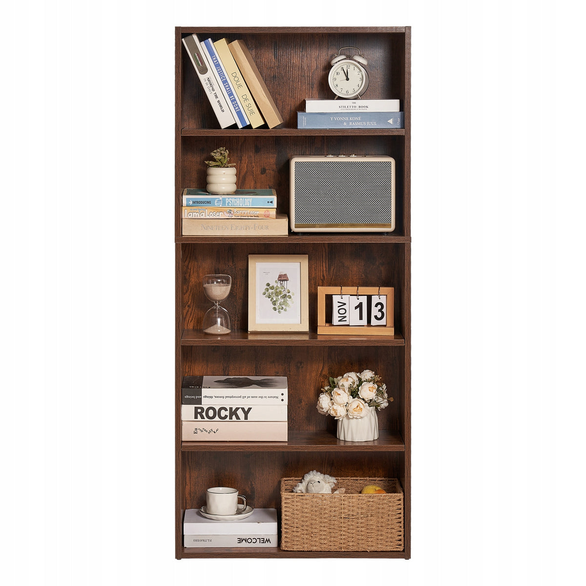 VEVOR SLIM BOOKCASE 5 TIERS ADJUSTABLE SHELVES STURDY BROWN