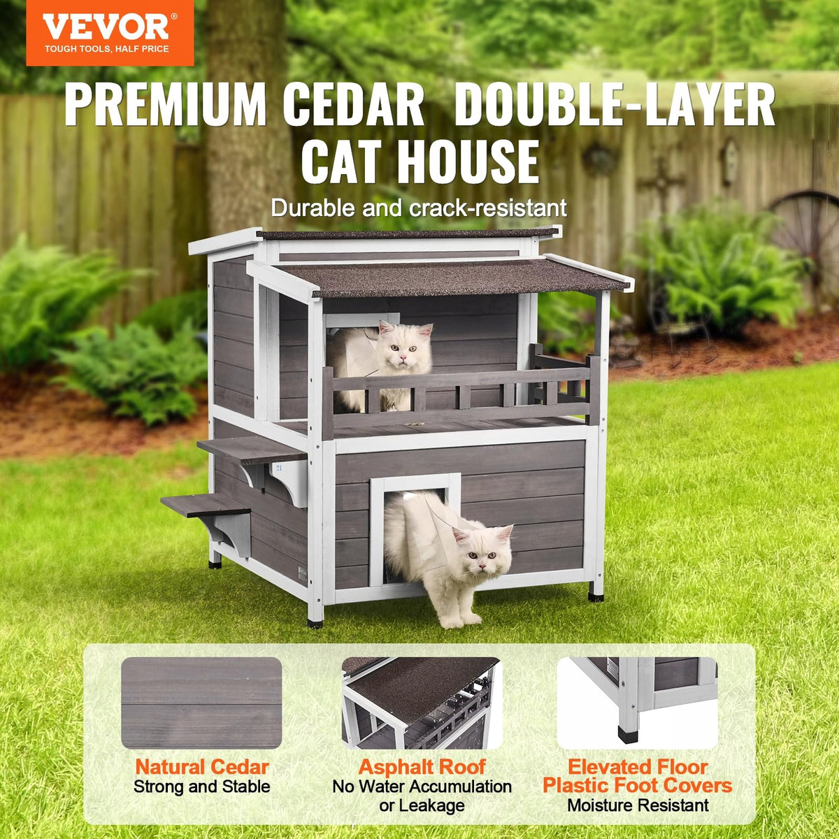 VEVOR OUTDOOR CAT HOUSE TWO-TIER WOODEN BALCONY