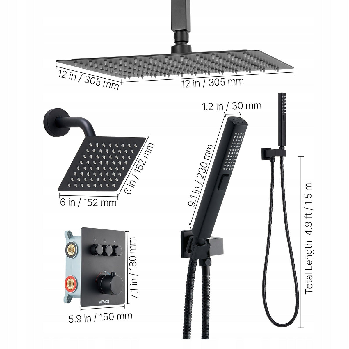 VEVOR PROFESSIONAL SHOWER KIT 12-INCH RAINFALL 6-INCH HEAD