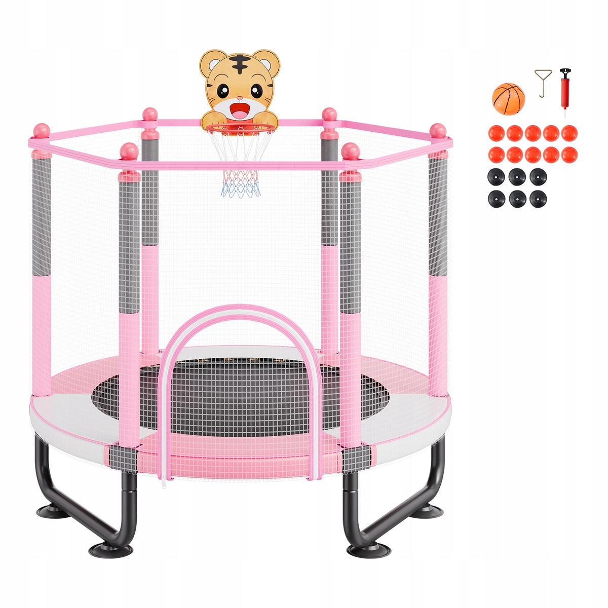 VEVOR KIDS' 60-INCH TRAMPOLINE WITH ENCLOSURE NET AND BASKETBALL HOOP, STURDY AND SAFE