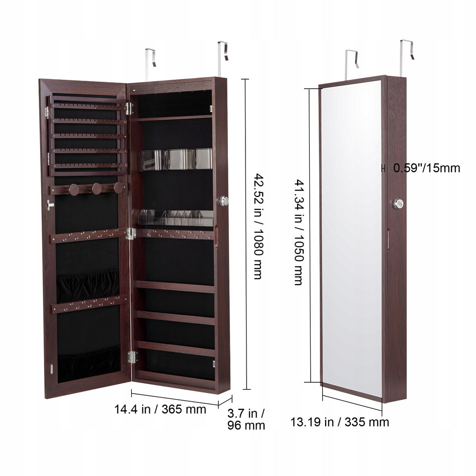 VEVOR 108CM JEWELRY CABINET WITH MIRROR WALL-MOUNTED WITH LED VELVET BROWN