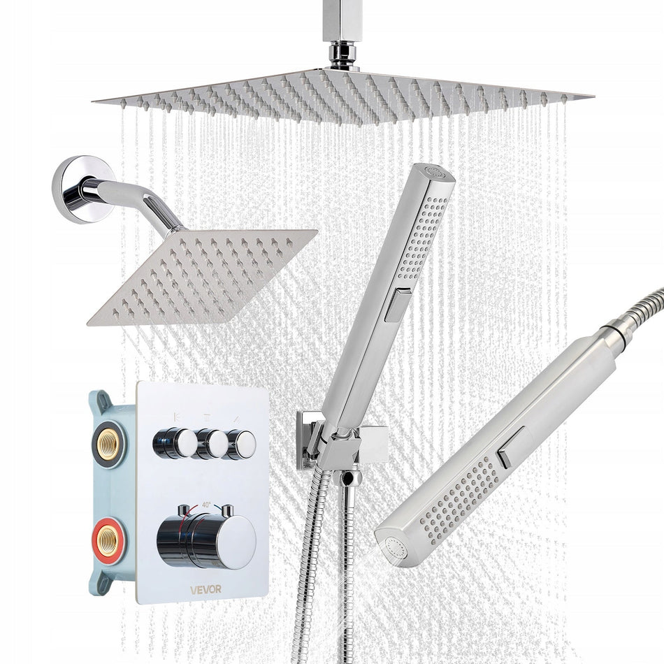 VEVOR SHOWER SET WITH 12-INCH RAINFALL SHOWER HEAD AND 6-INCH HANDHELD SHOWER HEAD CHROME