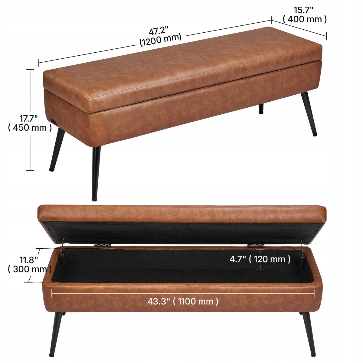 VEVOR OTTOMAN BENCH FAUX LEATHER WITH STORAGE 40X120X45 CM BROWN STRONG