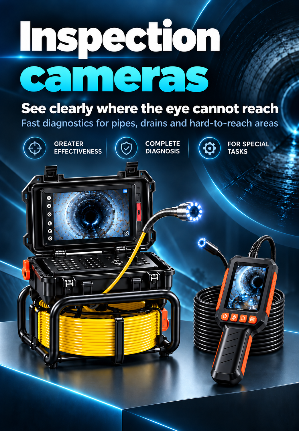Inspection cameras for pipes, drains and hard-to-reach areas