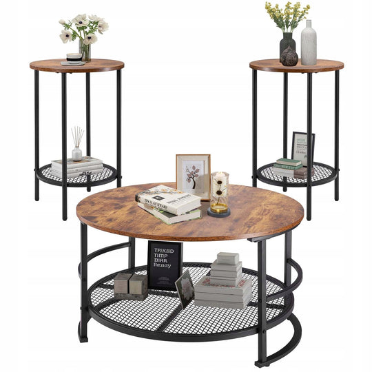 PREMIUM VEVOR 3-PIECE ROUND COFFEE TABLE SET 80 CM INDUSTRIAL