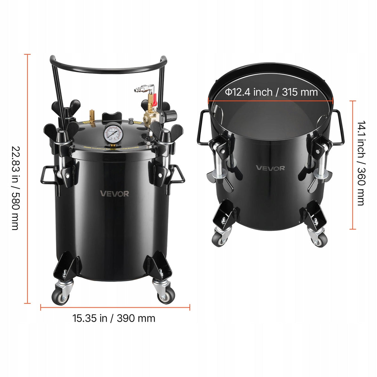 VEVOR 20L PRESSURE POT FOR PAINT, STEEL WITH 2 CONNECTORS AND WHEELS