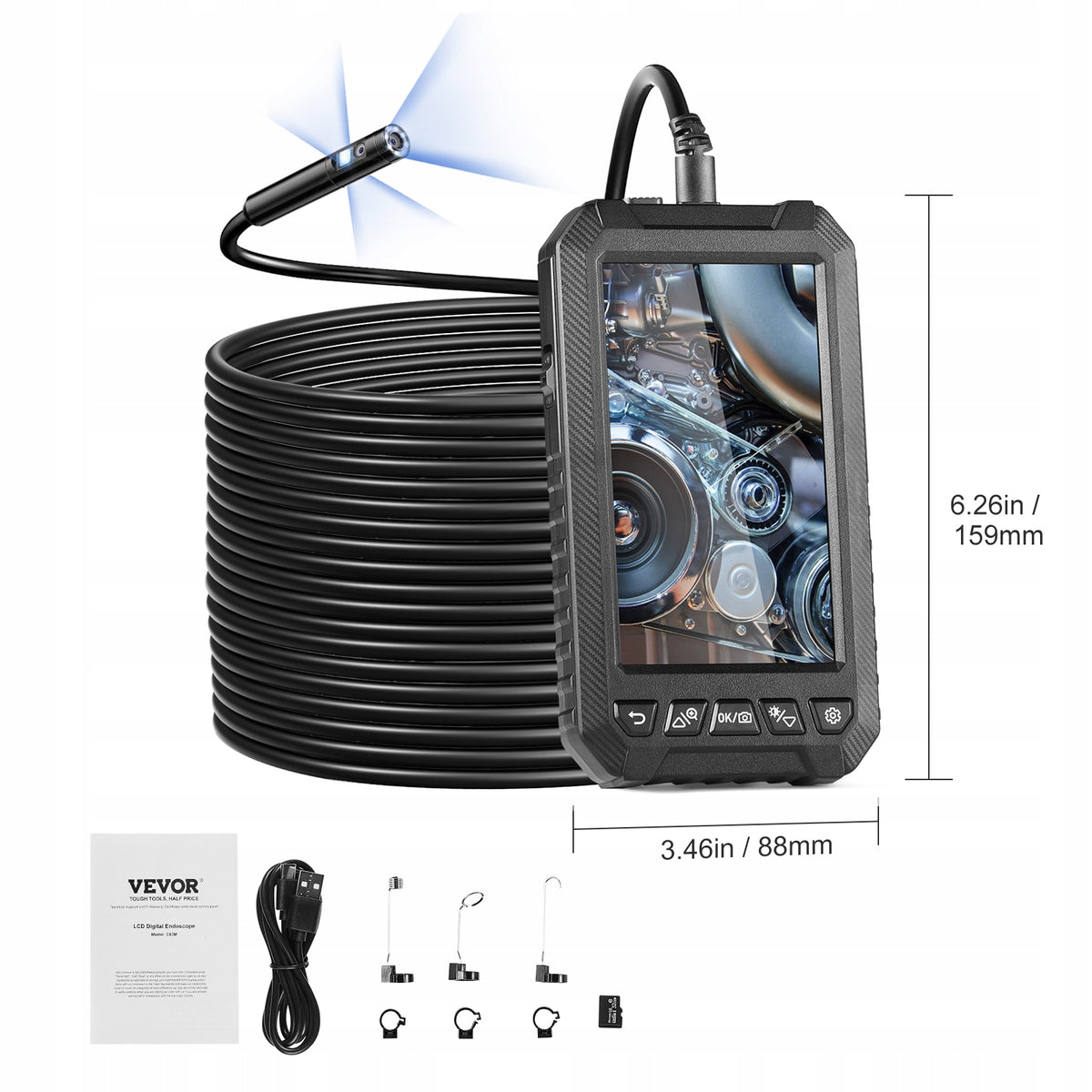 VEVOR 15M PROFESSIONAL ENDOSCOPE CAMERA TRIPLE LENS 5 IPS LED IP67