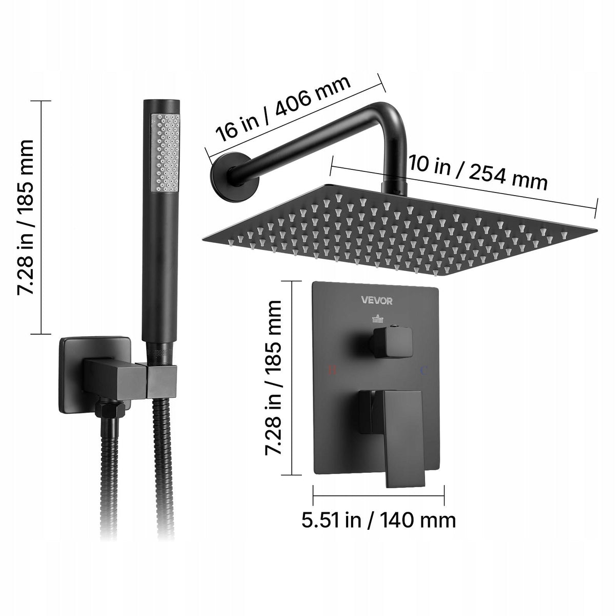 VEVOR PROFESSIONAL SHOWER FAUCET WITH 10 INCH SQUARE RAIN SHOWER HEAD