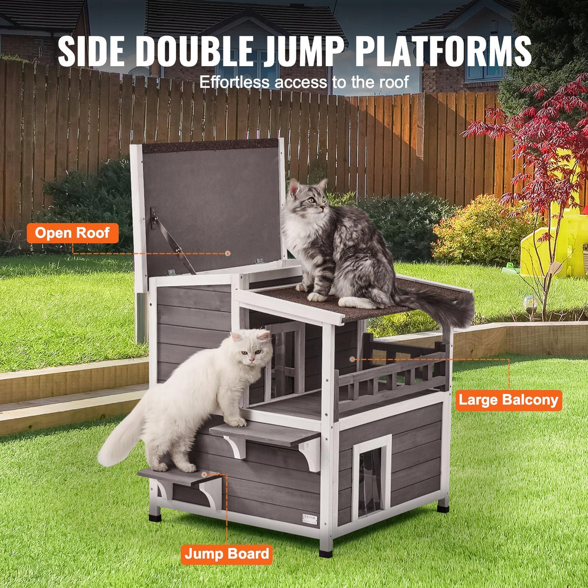 VEVOR OUTDOOR CAT HOUSE TWO-TIER WOODEN BALCONY