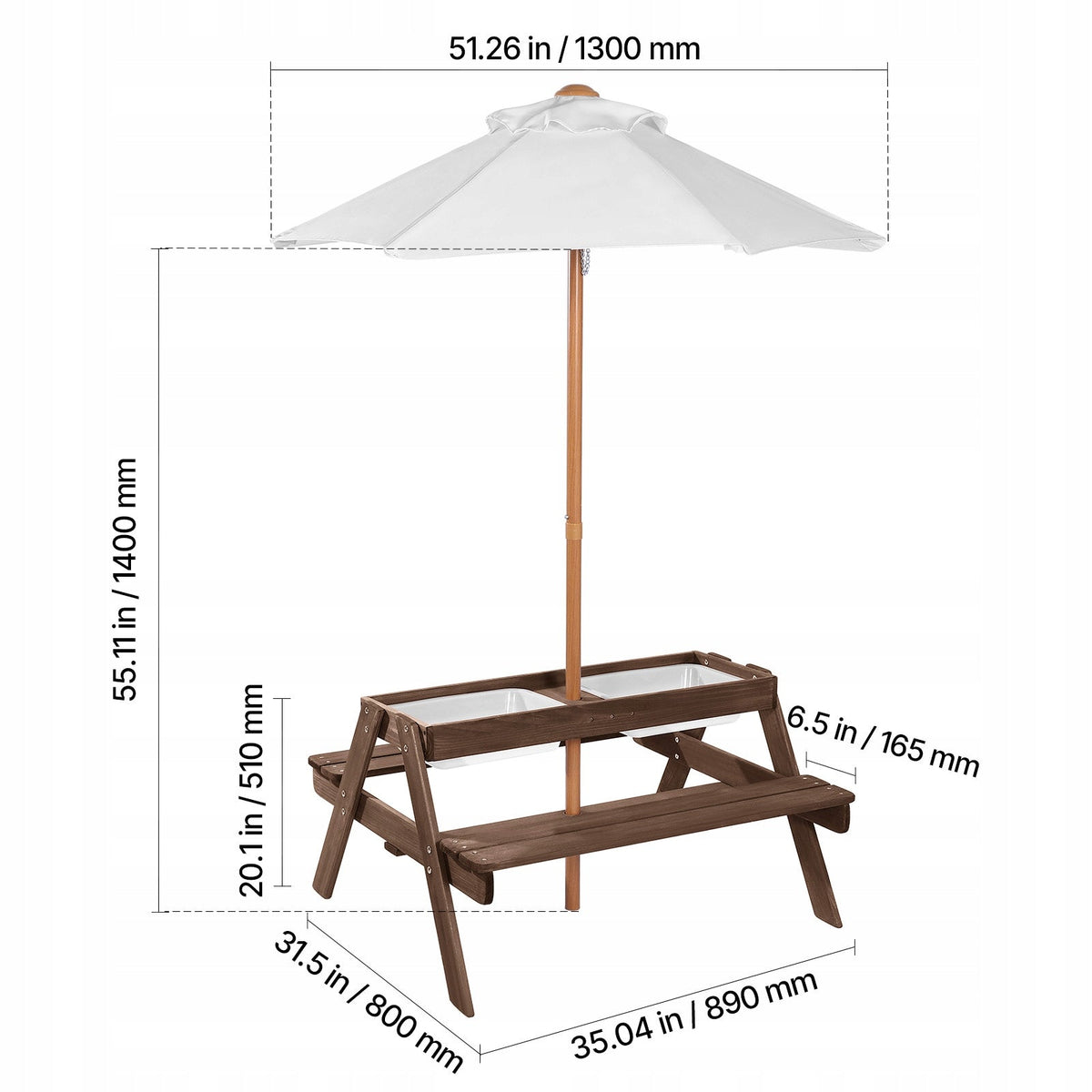 VEVOR PICNIC TABLE WITH REMOVABLE UMBRELLA AND 2 WOODEN BENCHES SOLID