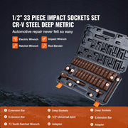 VEVOR 1/2 INCH CR-V SOCKET SET 33-PIECE STRONG CASE