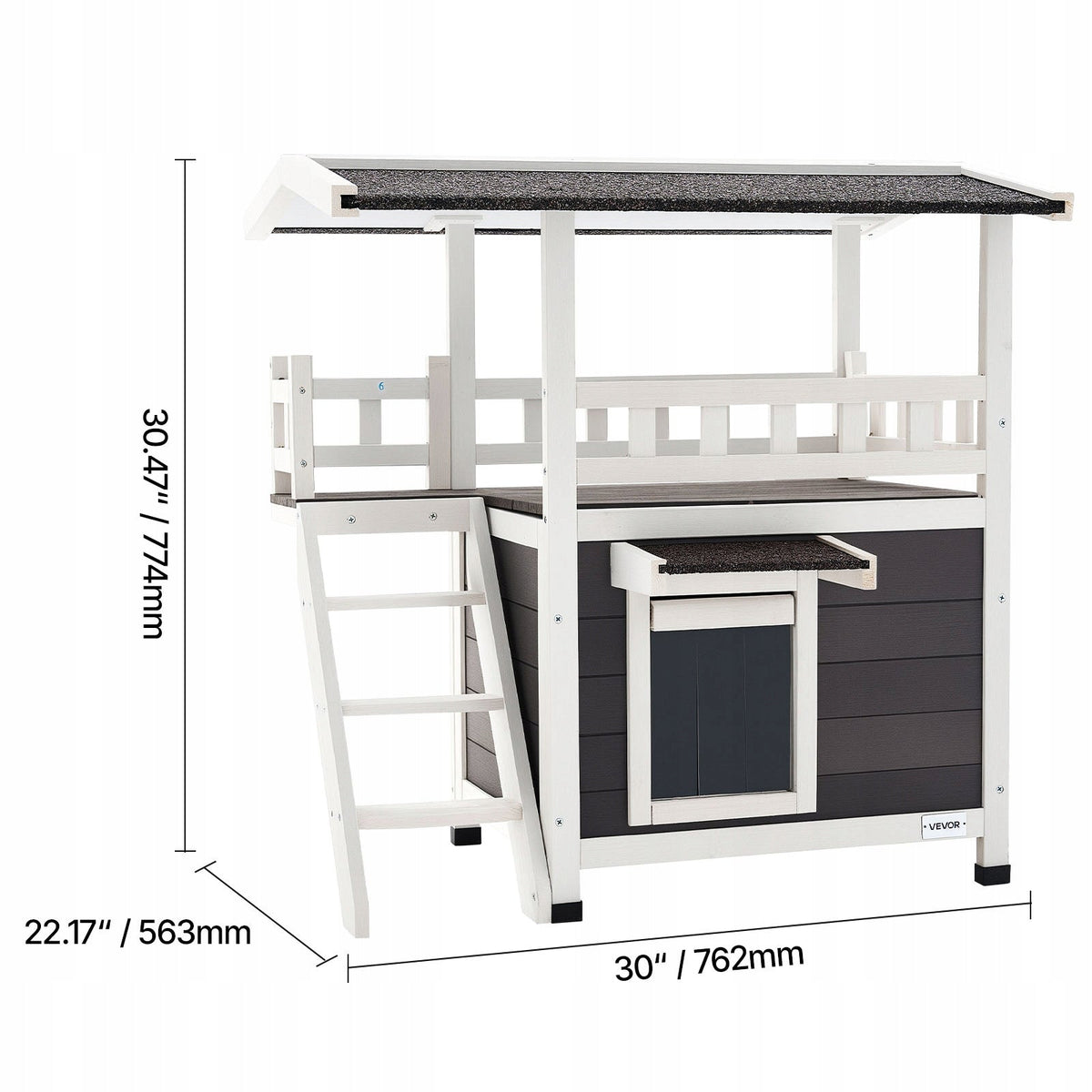 VEVOR TWO-TIER WOODEN CAT HOUSE WITH BALCONY AND STAIRS FOR