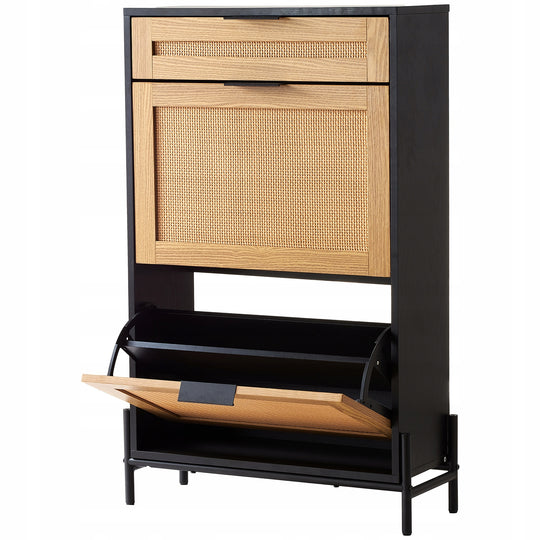 VEVOR RATTAN SHOE CABINET WITH 2 FOLDING DRAWERS AND 1 SLIM DRAWER