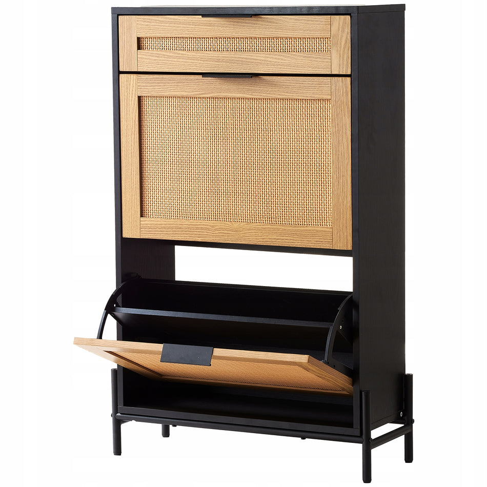 VEVOR RATTAN SHOE CABINET WITH 2 FOLDING DRAWERS AND 1 SLIM DRAWER