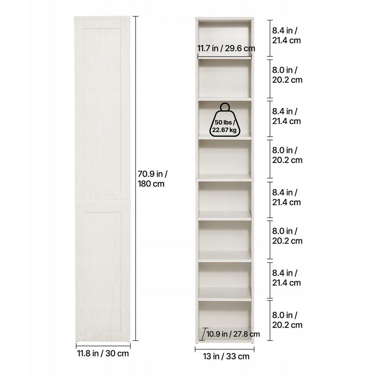 PROFESSIONAL VEVOR 8-TIER LIBRARY SHELF ADJUSTABLE SHELVES WHITE