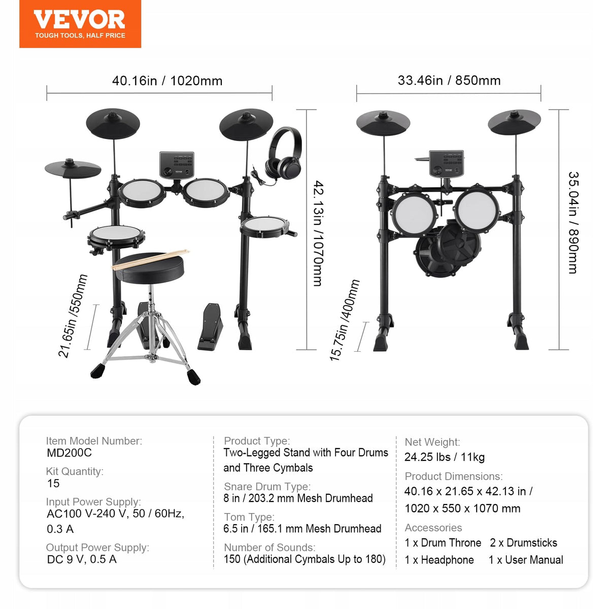 VEVOR ELECTRONIC DRUM SET 15 KITS 150 SOUNDS USB MIDI