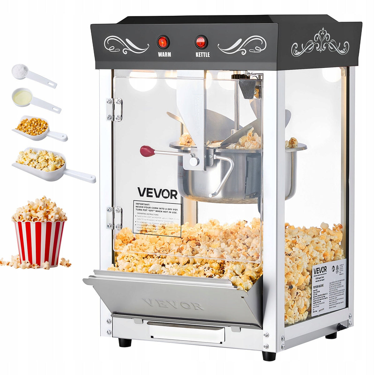 PROFESSIONAL POPCORN MACHINE VEVOR 8 OZ 800W BLACK STAINLESS STEEL