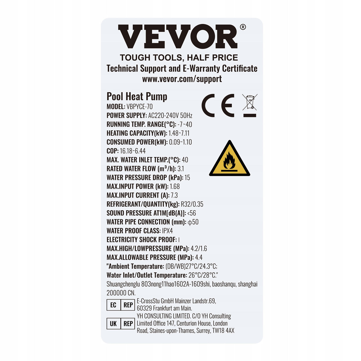 VEVOR ELECTRIC SWIMMING POOL HEAT PUMP 1.48-7.11 KW ENERGY EFFICIENT