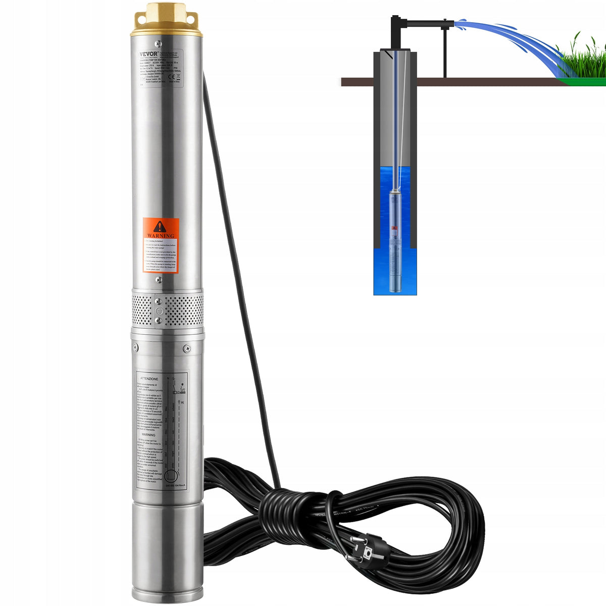 VEVOR 370W 230V 50HZ POWERFUL STAINLESS STEEL SUBMERSIBLE DEEP WELL PUMP