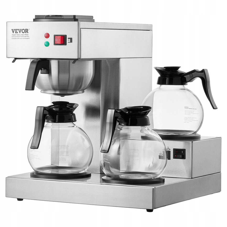 VEVOR 12-Cup Commercial Drip Coffee Maker with 3 Glass Carafes