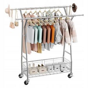 VEVOR CLOTHES RACK ON WHEELS 2 BARS BASKET ADJUSTABLE STRONG
