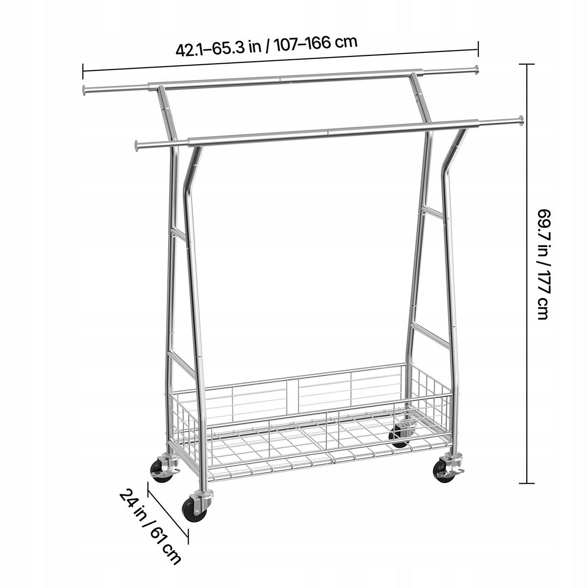 VEVOR CLOTHES RACK ON WHEELS 2 BARS BASKET ADJUSTABLE STRONG