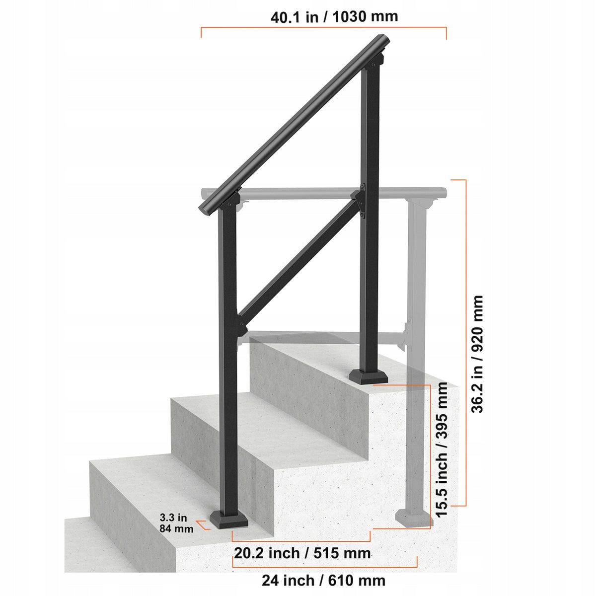 VEVOR Outdoor Stair Railing 2-Piece Set for 2-3 Steps, Heavy-Duty