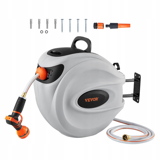 VEVOR GARDEN HOSE REEL 12 MM X 40 M HEAVY-DUTY WALL MOUNT WITH 9-FUNCTION NOZZLE