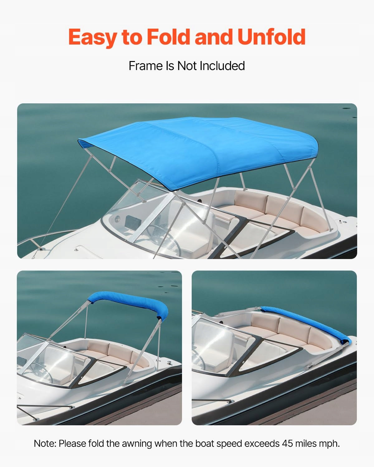 VEVOR BIMINI TOP BOAT COVER 4 BOW 600D WATERPROOF POLYESTER