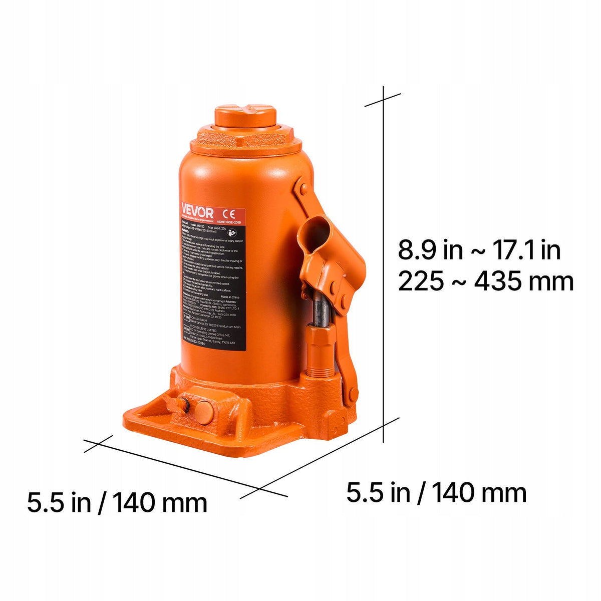 VEVOR 20T Hydraulic Bottle Jack Heavy Duty Lifting Range