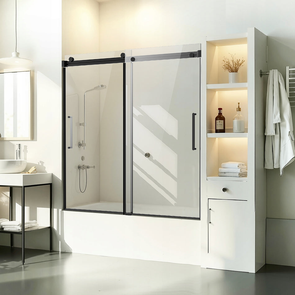 VEVOR FRAMELESS SLIDING SHOWER DOOR 1422-1524X1524MM BLACK PREMIUM