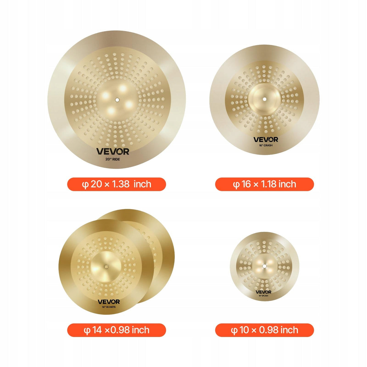 VEVOR 4-PIECE DRUM CYMBAL SET 10 14 16 20 INCH PREMIUM