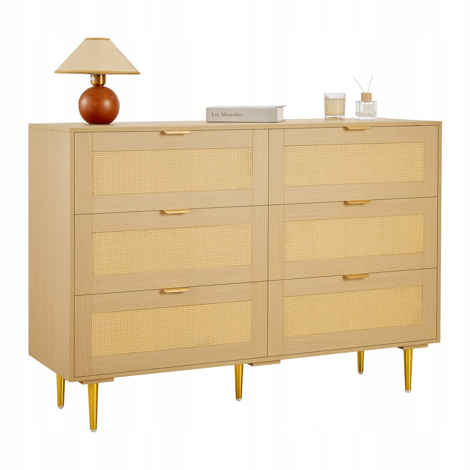 SOLID RATTAN DRESSER VEVOR 6 DRAWERS METAL HANDLES LEGS NATURAL