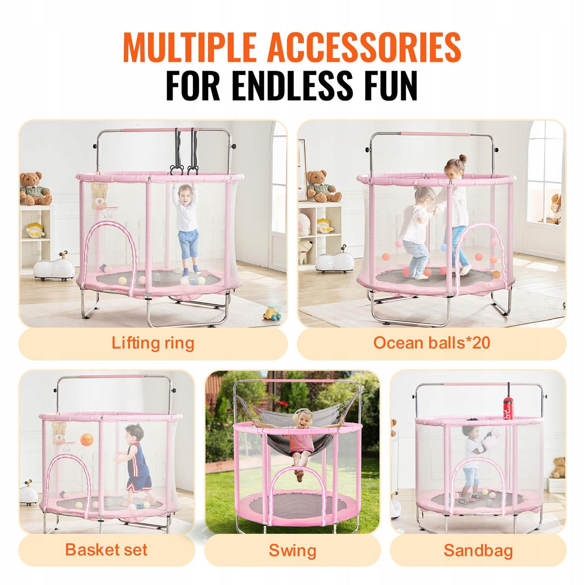 VEVOR 147 CM MINI KIDS TRAMPOLINE WITH NET AND BASKETBALL HOOP ADJUSTABLE