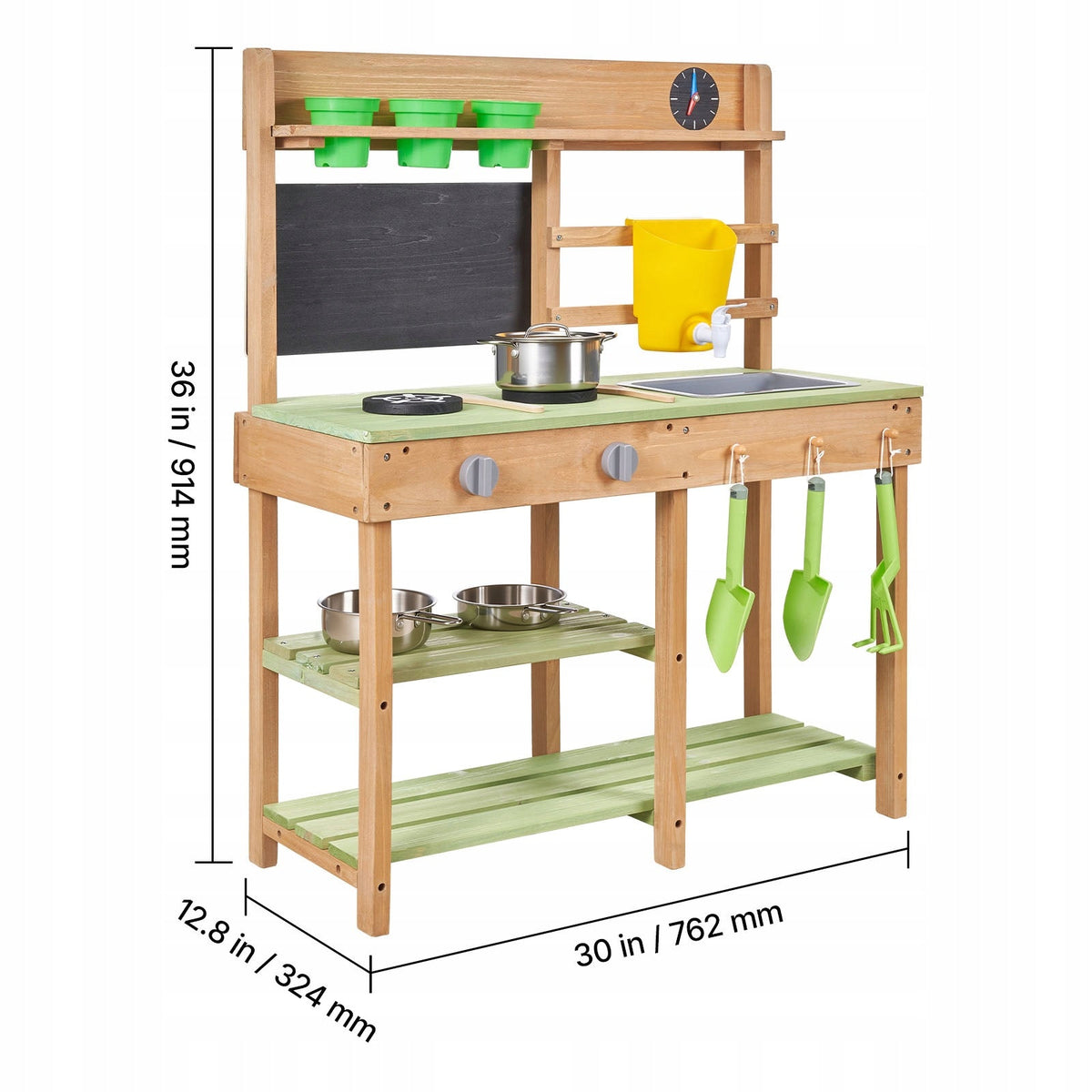 VEVOR WOODEN PLAY KITCHEN WITH 2-BURNER STOVE, GREEN, PREMIUM