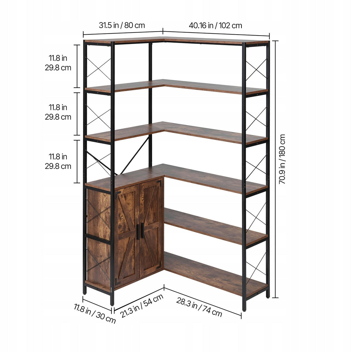 STURDY VEVOR 6-TIER CORNER SHELF WITH DOORS, METAL AND MDF, 180 CM