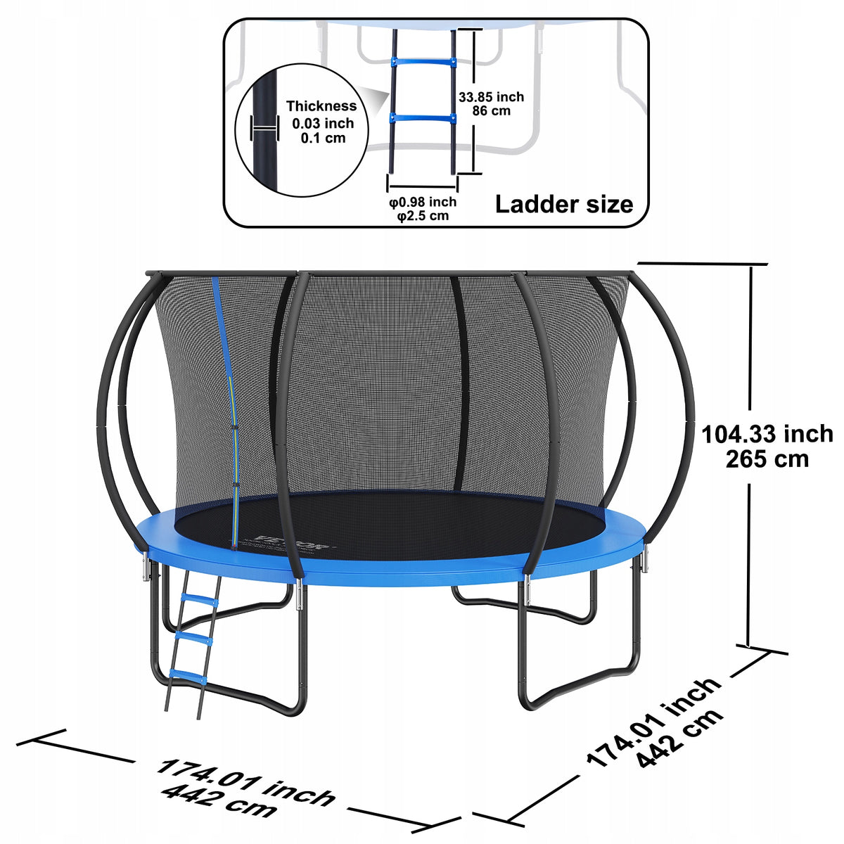 PROFESSIONAL VEVOR 12FT GARDEN TRAMPOLINE WITH NET AND LADDER 86 CM FOR