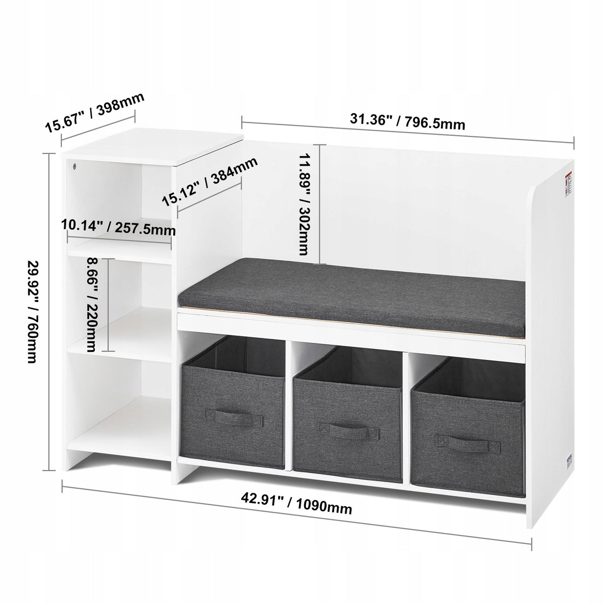 VEVOR KIDS READING BENCH WITH BOOKSHELF AND REMOVABLE CUSHION WHITE