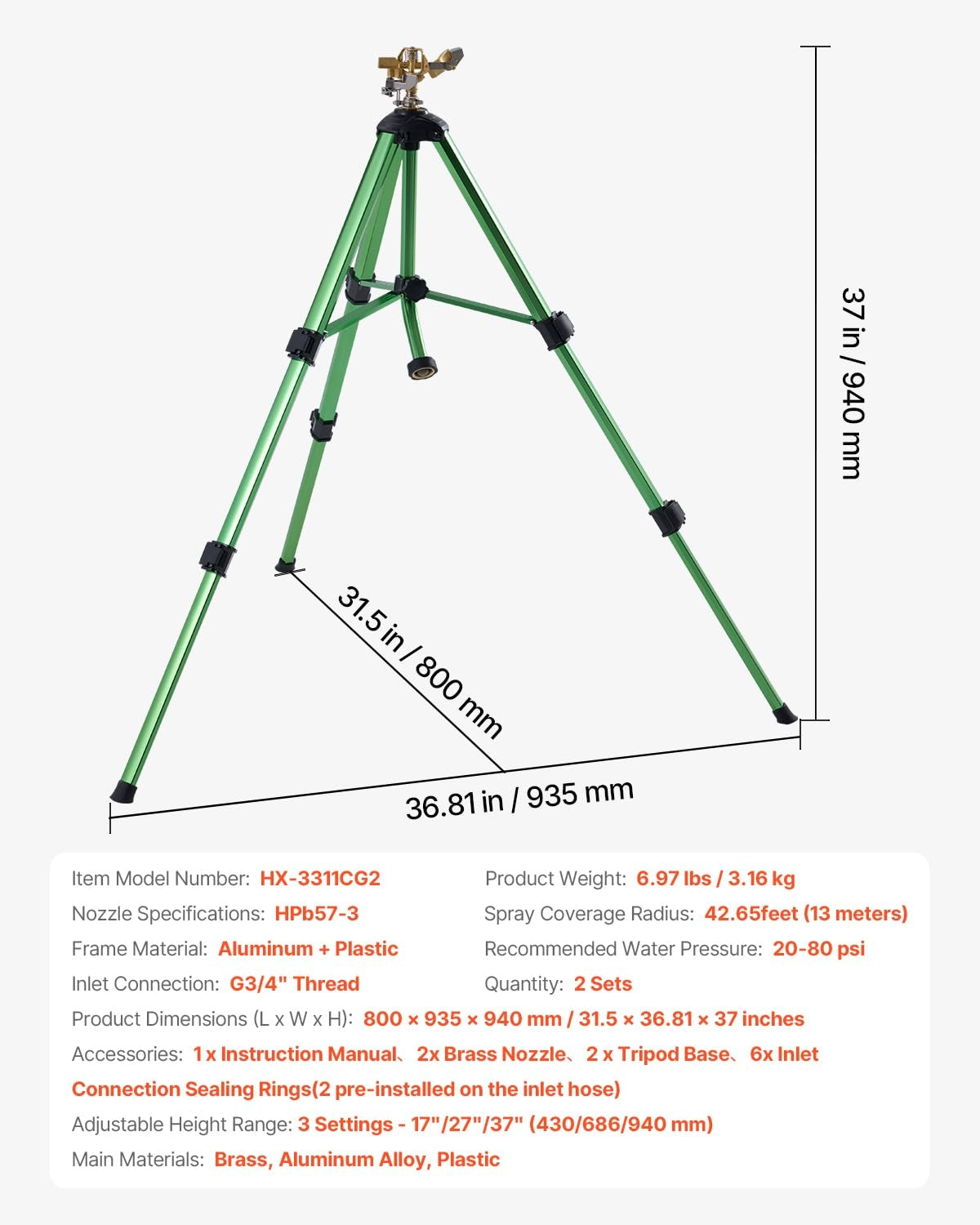VEVOR TELESCOPIC SPRINKLER TRIPOD 2 PCS BRASS HEAD 360 ADJUSTMENT