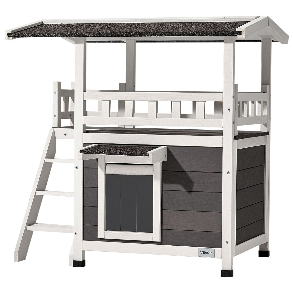 VEVOR TWO-TIER WOODEN CAT HOUSE WITH BALCONY AND STAIRS FOR
