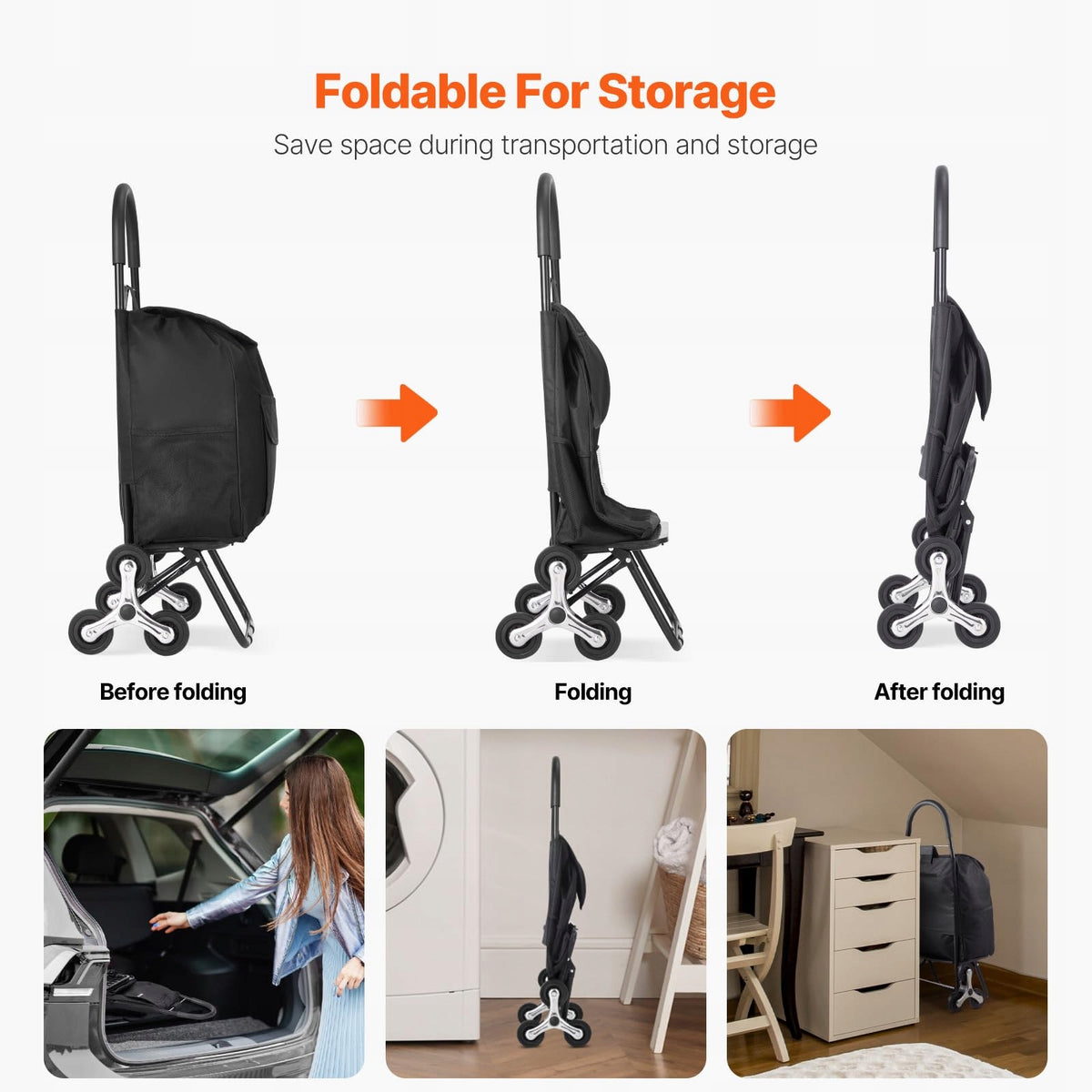 VEVOR PROFESSIONAL FOLDABLE STAIR CLIMBER TROLLEY 36L 6 WHEELS 450X350X965 MM BLACK