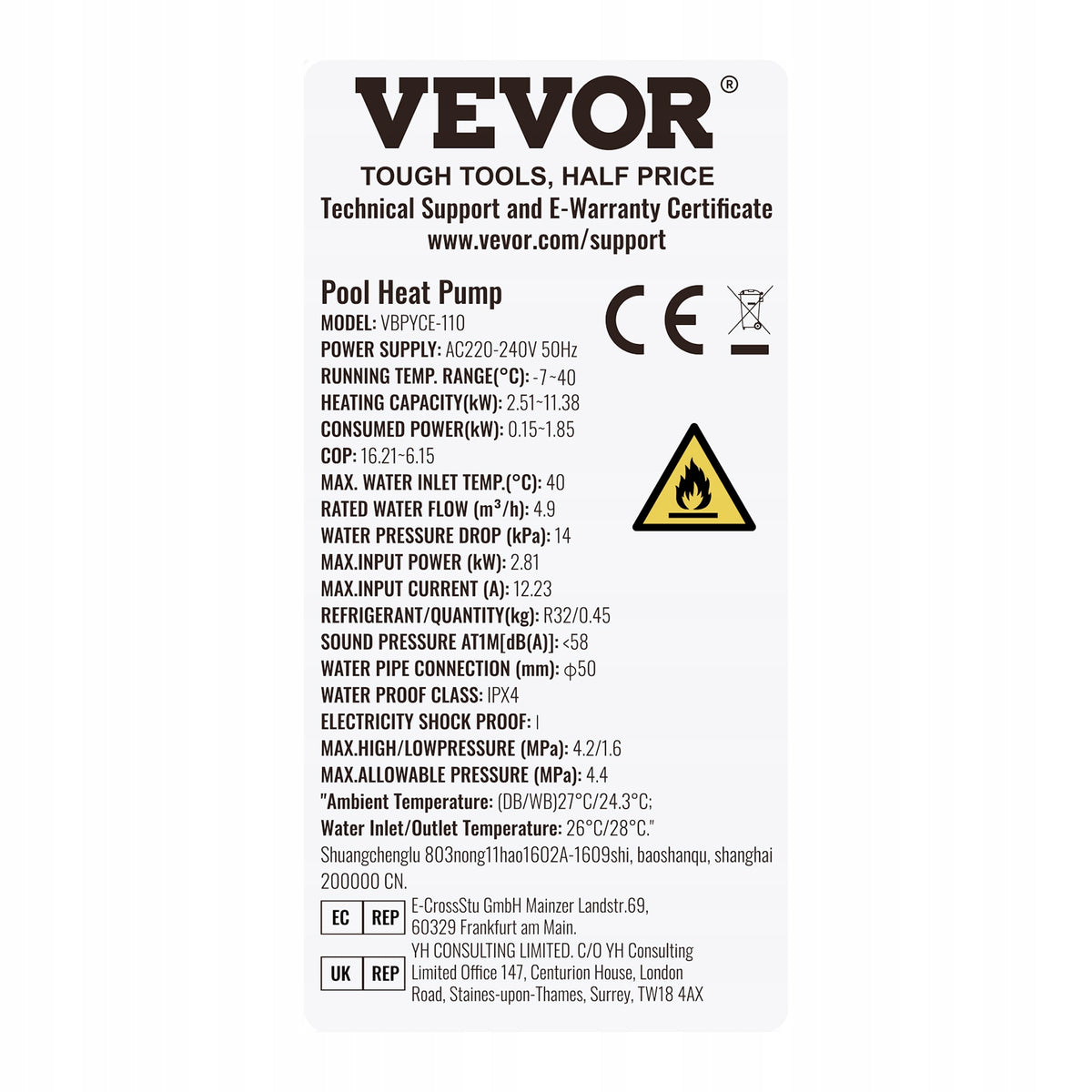 VEVOR ELECTRIC SWIMMING POOL HEAT PUMP POWER 2.51-11.38 KW PROFESSIONAL