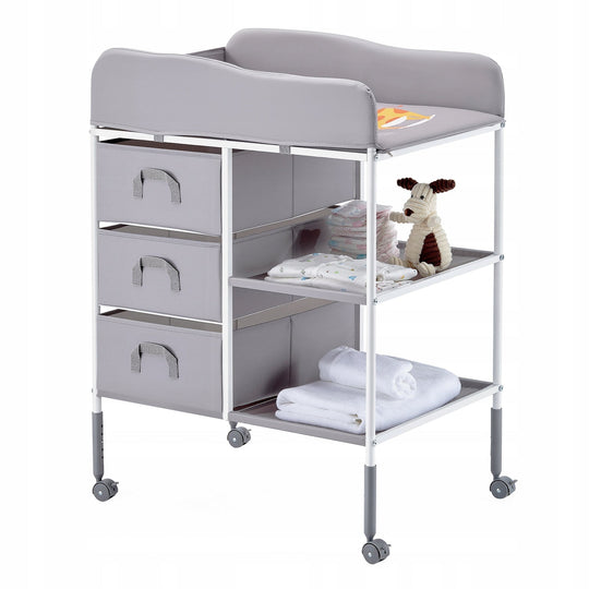 VEVOR PORTABLE CHANGING TABLE WITH 3 FABRIC DRAWERS AND LOCKABLE WHEELS