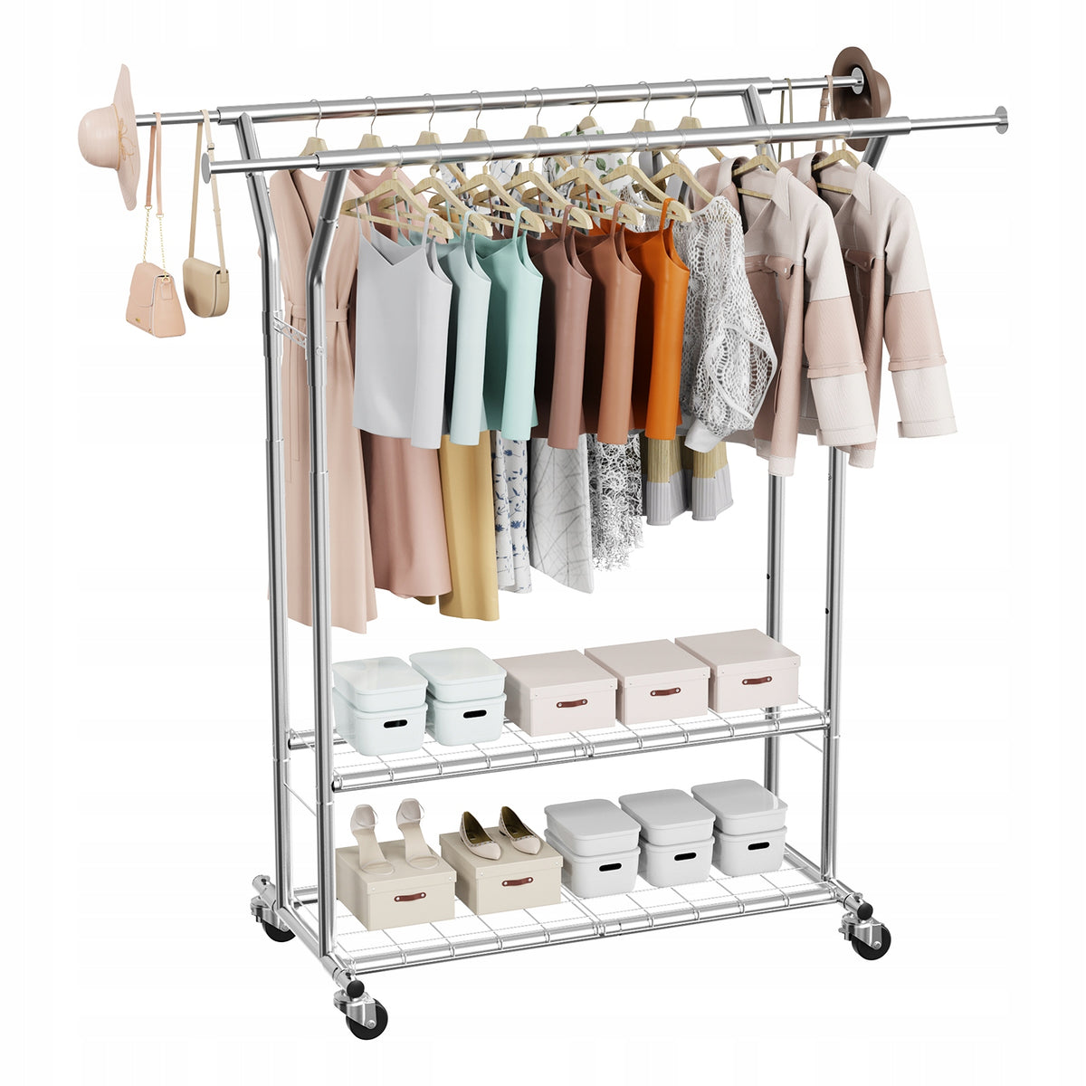 VEVOR PROFESSIONAL CLOTHES RACK ON WHEELS 2 RODS 2 SHELVES 120 KG