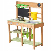 VEVOR WOODEN PLAY KITCHEN WITH 2-BURNER STOVE, GREEN, PREMIUM