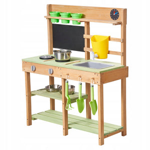 VEVOR WOODEN PLAY KITCHEN WITH 2-BURNER STOVE, GREEN, PREMIUM