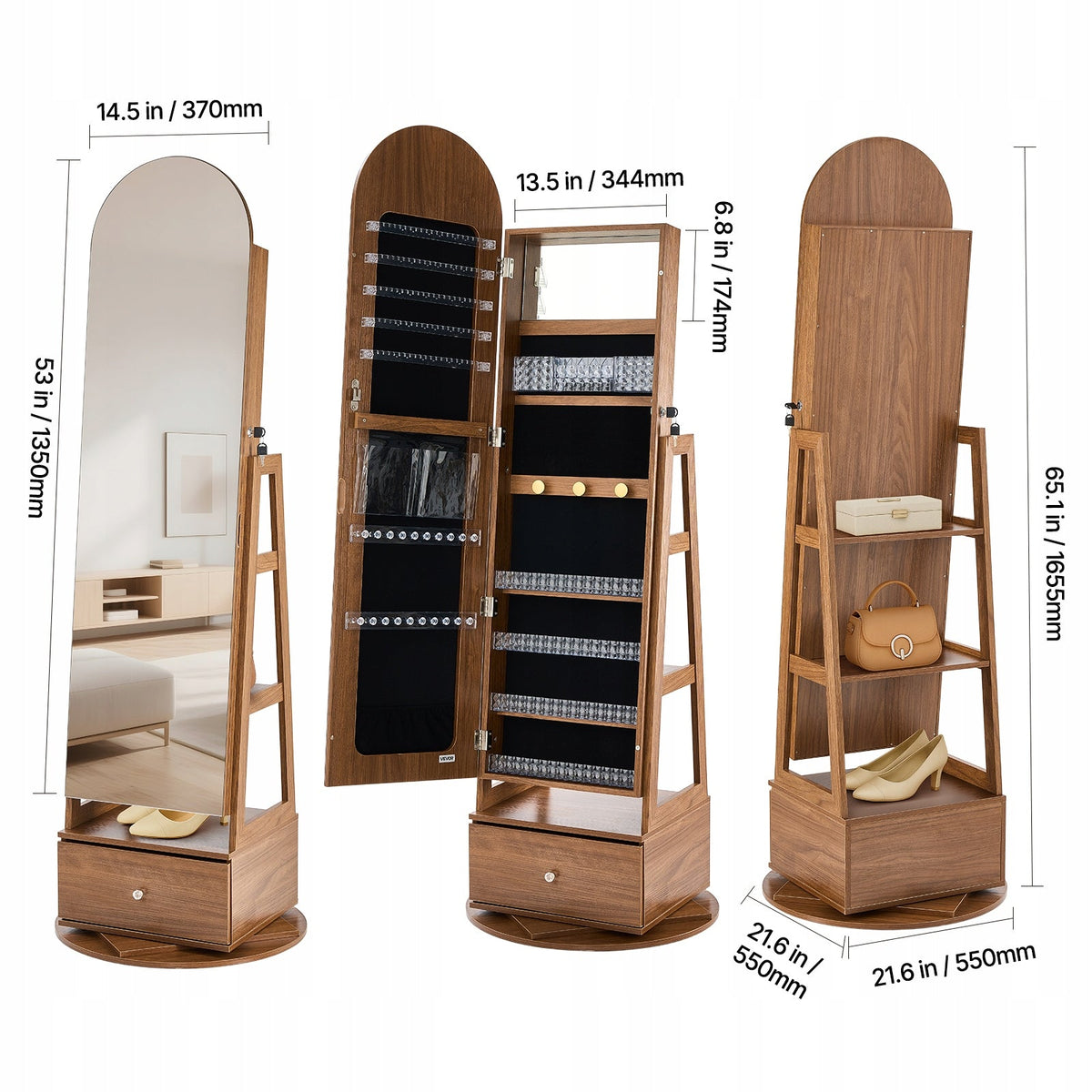 VEVOR 360 ROTATING JEWELRY CABINET WITH MIRROR 1655 MM PREMIUM ORGANIZER