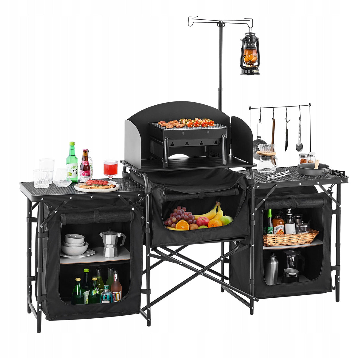 VEVOR PORTABLE CAMPING KITCHEN TABLE ALUMINIUM WITH 3 CABINETS BLACK